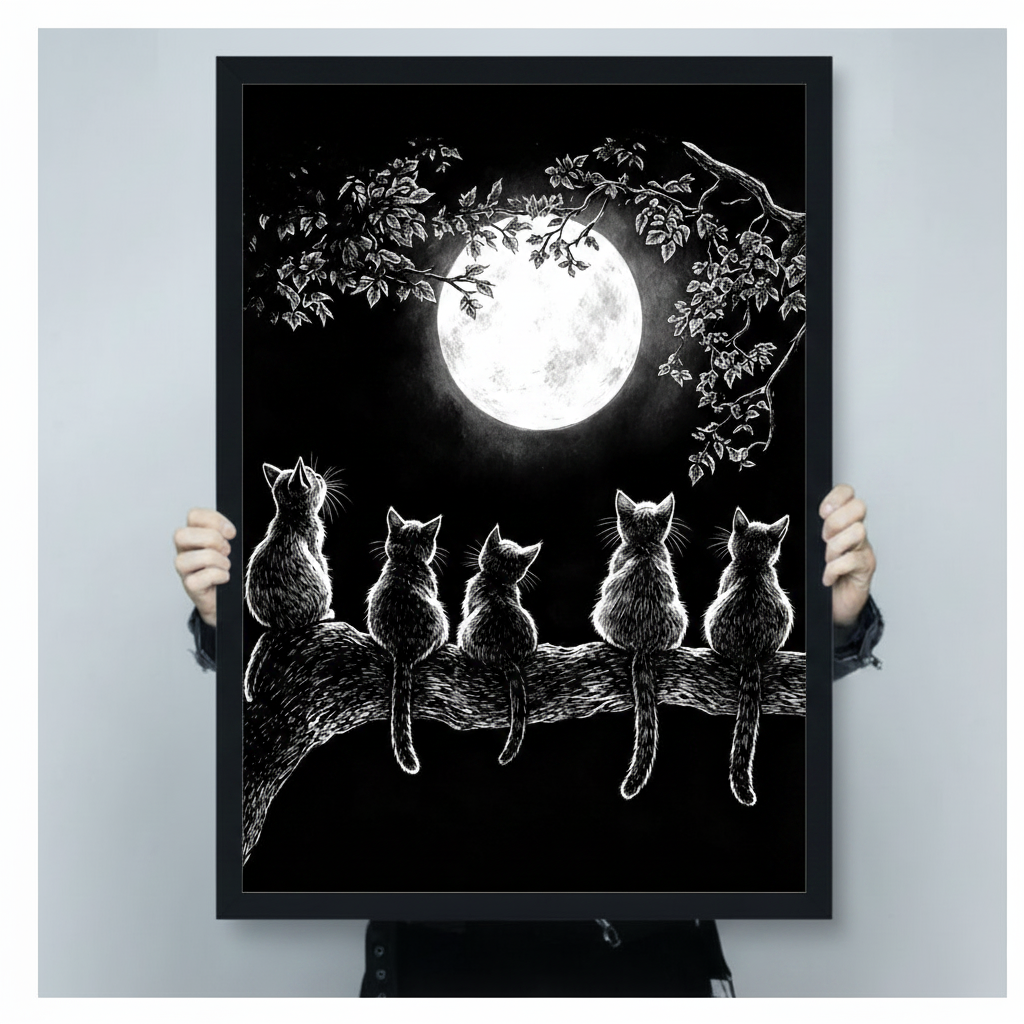Dramatic black and white etching of five cats seated on a tree branch with dangling tails gazing toward a radiant full moon beneath an arching canopy of white leaves on a pure black background gothic cat wall art framed print held against a light gray background