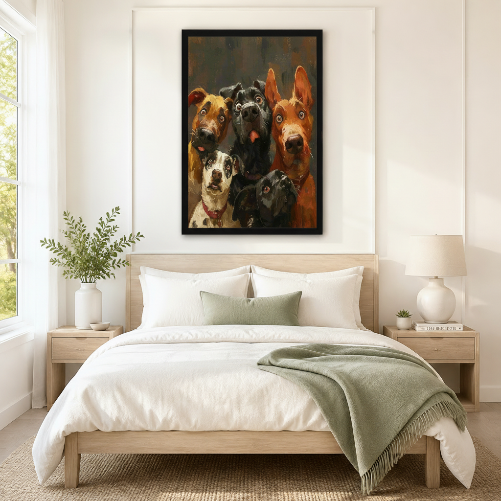 Striking framed oil painting wall art of five funny mixed-breed dogs with wide googly eyes and playful expressions crowded into a dark-toned portrait composition, displayed above a white and sage linen bed in a serene Scandinavian bedroom