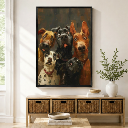 Framed oil painting wall art print of five expressive dogs with wide googly eyes crowding together — including a golden mix, black schnauzer, red irish terrier, dalmatian, and black spaniel — displayed above a wicker storage console in a bright Scandinavian entryway