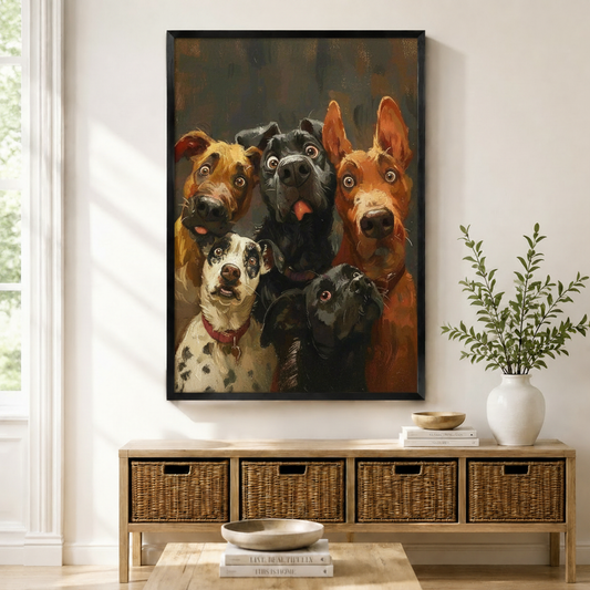 Framed oil painting wall art print of five expressive dogs with wide googly eyes crowding together — including a golden mix, black schnauzer, red irish terrier, dalmatian, and black spaniel — displayed above a wicker storage console in a bright Scandinavian entryway