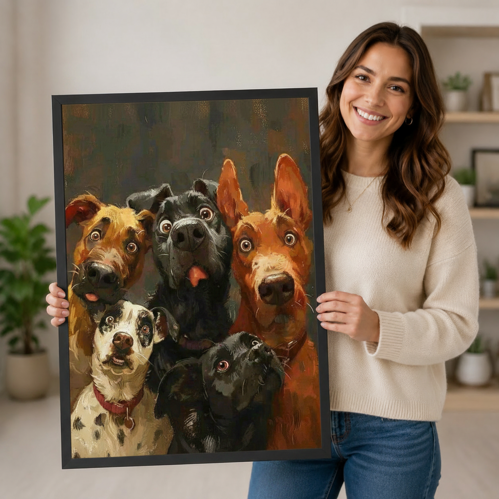 Smiling woman holding a large framed oil painting art print showing five expressive dogs with wide eyes and open mouths in a close-up group portrait, demonstrating print size and premium black frame quality