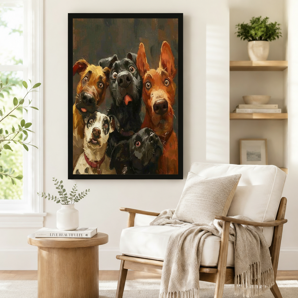 Bold framed wall art print of five comical dogs with oversized round eyes and goofy expressions rendered in a rich oil painting style on a dark moody background, styled beside a linen armchair in a bright Scandinavian reading corner