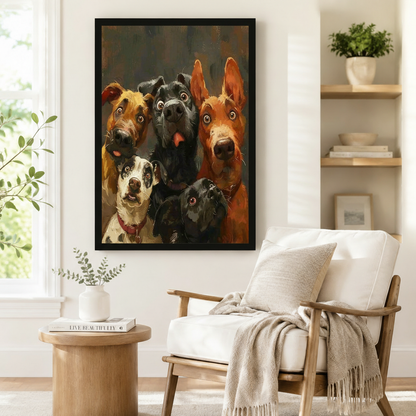 Bold framed wall art print of five comical dogs with oversized round eyes and goofy expressions rendered in a rich oil painting style on a dark moody background, styled beside a linen armchair in a bright Scandinavian reading corner