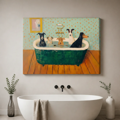 Frameless five dogs sharing green clawfoot bathtub with gold vintage faucet humorous oil painting on warm grey bathroom wall – mint orange dot wallpaper warm wood floor funny dog canvas print above oval freestanding tub with black wall-mounted faucet