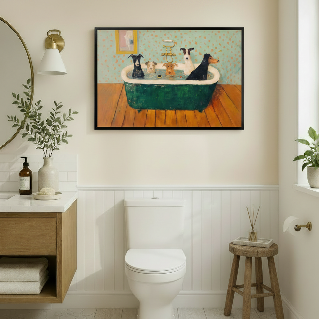 Five dogs in green clawfoot bathtub vintage humorous oil painting in black frame above toilet in beige bathroom with wainscoting – gold mirror wall sconce wood vanity funny dog toilet wall art