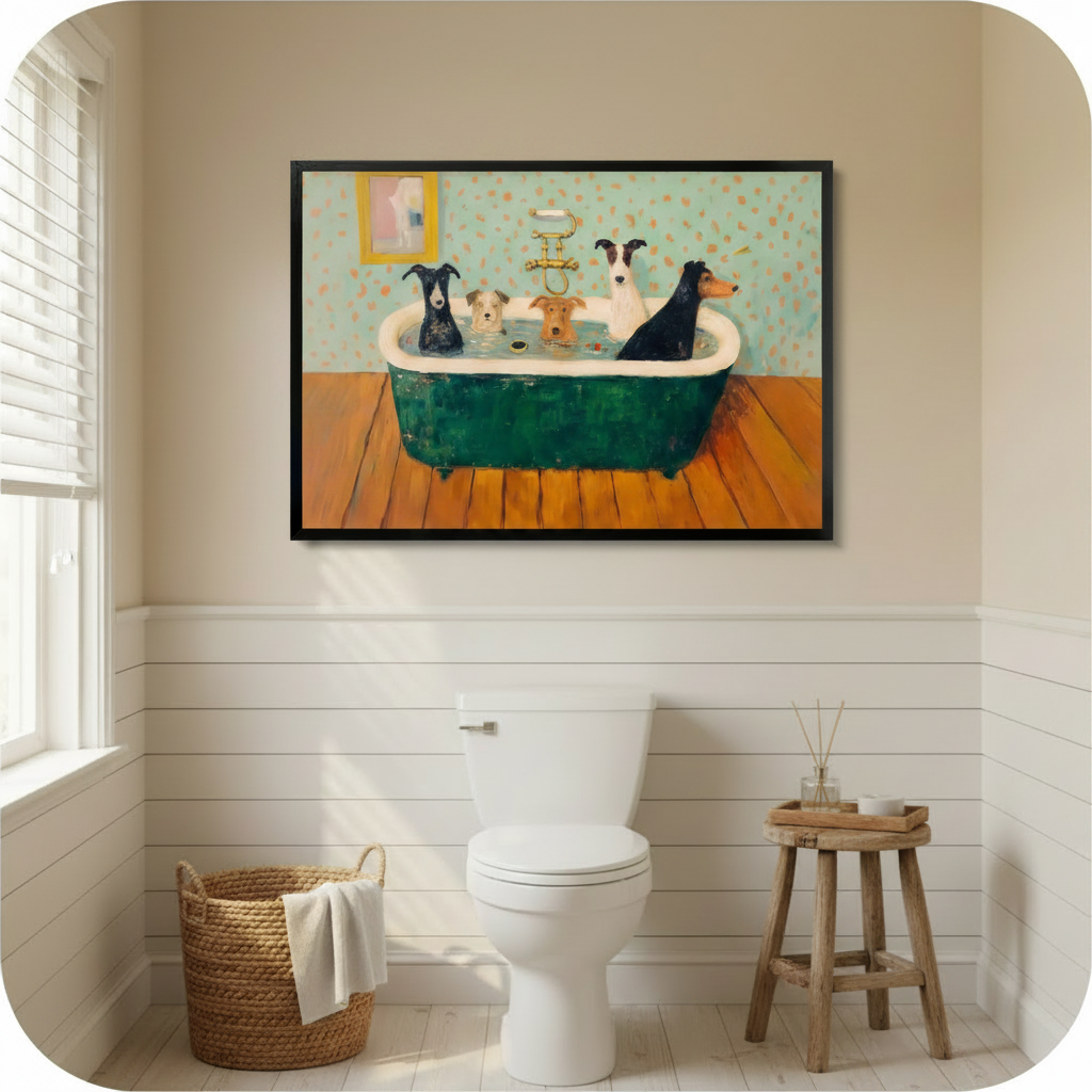 Five dogs bathing in green clawfoot bathtub vintage humorous oil painting in black frame above toilet in white shiplap bathroom – woven basket wood stool natural light funny dog bathroom canvas wall art