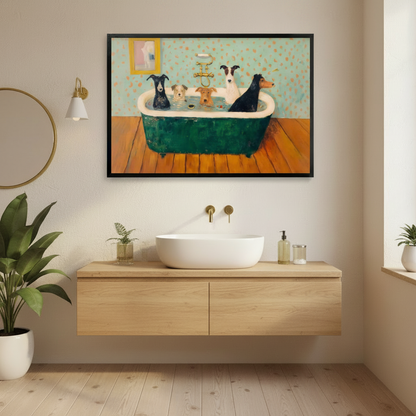 Five dogs in green clawfoot bathtub vintage humorous oil painting in black frame above floating wood vanity in warm white bathroom – gold round mirror wall sconce green plants funny dog bathroom canvas wall art