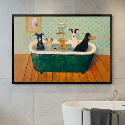Five dogs bathing in green clawfoot bathtub vintage humorous oil painting in black frame on marble tile bathroom wall – gold faucet mint polka dot wallpaper warm wood floor funny dog bathroom wall art