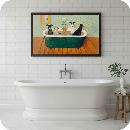 Five dogs bathing together in green clawfoot bathtub vintage humorous oil painting in black frame on white subway tile bathroom wall – gold faucet mint polka dot wallpaper funny dog canvas wall art above freestanding tub