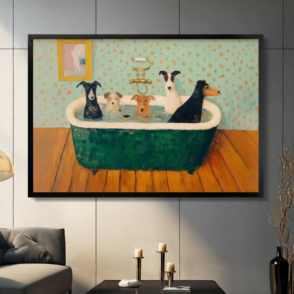 Five dogs bathing together in green clawfoot bathtub vintage humorous oil painting in black frame on dark grey panel wall – mint green polka dot wallpaper warm wood floor funny dog canvas wall art for living room