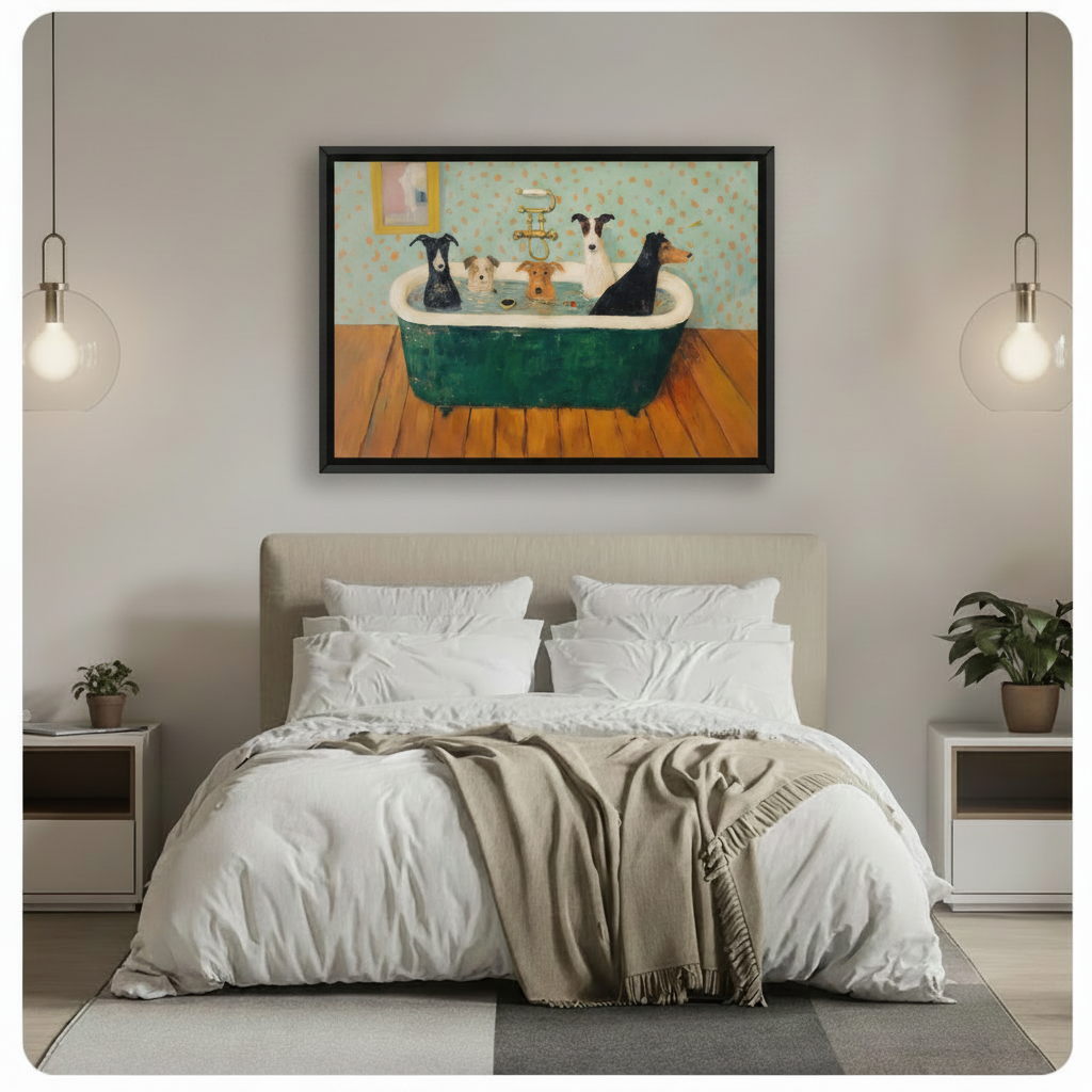 Framed five dogs bathing in green clawfoot bathtub with gold vintage faucet humorous oil painting above white bed in grey bedroom – mint polka dot wallpaper warm wood floor funny dog canvas wall art for bedroom decor