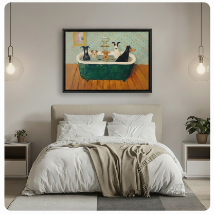 Framed five dogs bathing in green clawfoot bathtub with gold vintage faucet humorous oil painting above white bed in grey bedroom – mint polka dot wallpaper warm wood floor funny dog canvas wall art for bedroom decor