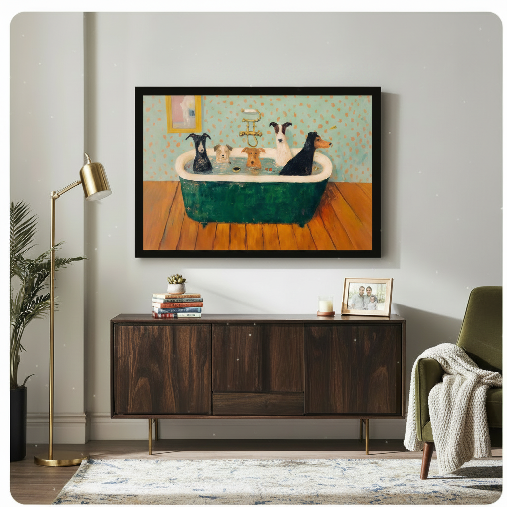 Framed five dogs in green clawfoot bathtub vintage humorous oil painting above dark walnut sideboard on light grey wall – gold faucet mint polka dot wallpaper funny dog canvas wall art for hallway or dining room decor