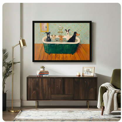 Framed five dogs in green clawfoot bathtub vintage humorous oil painting above dark walnut sideboard on light grey wall – gold faucet mint polka dot wallpaper funny dog canvas wall art for hallway or dining room decor