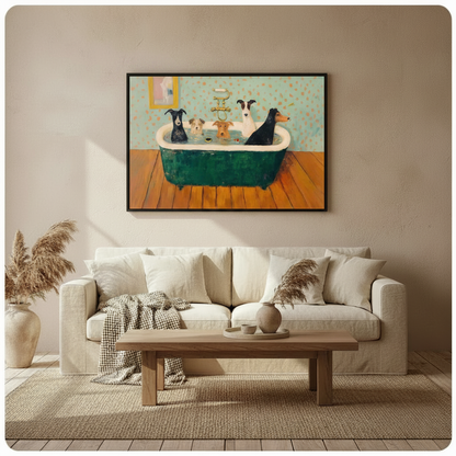 Framed five dogs sharing green clawfoot bathtub vintage humorous oil painting above cream linen sofa on warm beige wall – mint green polka dot wallpaper funny dog canvas wall art for Scandinavian living room decor