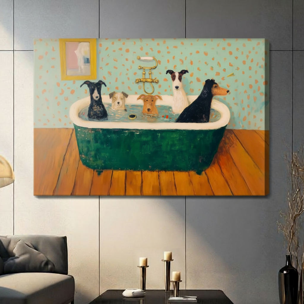 Frameless five dogs sharing green clawfoot bathtub with gold vintage faucet humorous oil painting on dark grey panel wall – mint polka dot wallpaper orange wood floor funny dog canvas print for contemporary living room