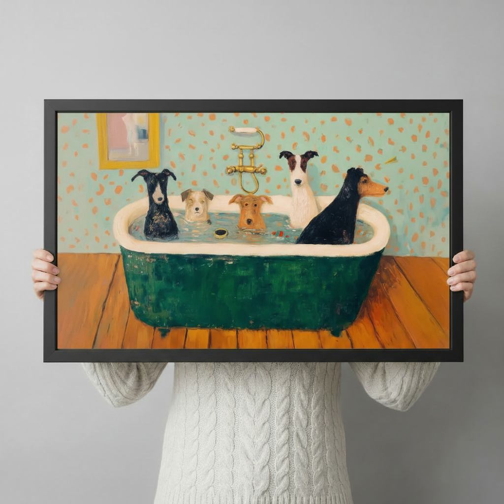 Person holding framed five dogs bathing in green clawfoot bathtub vintage humorous oil painting canvas – gold faucet mint polka dot wallpaper funny dog bathroom wall art size reference