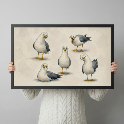 Hand-held close-up of a black-framed humorous seagull wall art print showing five quirky cartoon birds in different poses on a cream background