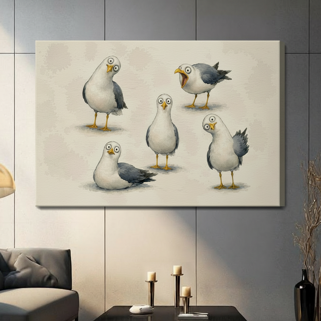 Gallery wrap canvas featuring five expressive cartoon seagulls with wide eyes and yellow beaks on a warm beige background, hung on a grey panelled wall in a contemporary living room