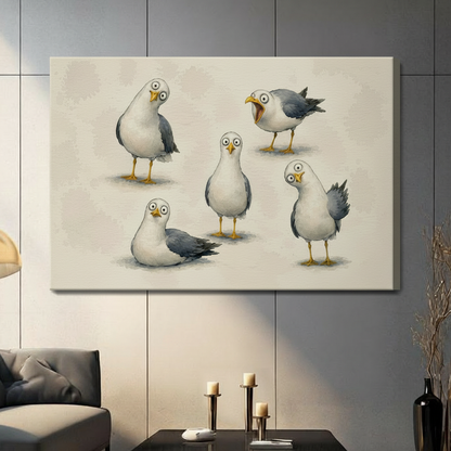 Gallery wrap canvas featuring five expressive cartoon seagulls with wide eyes and yellow beaks on a warm beige background, hung on a grey panelled wall in a contemporary living room
