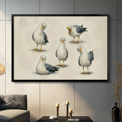 Framed wall art print of five funny cartoon seagulls with big eyes in various poses on a cream background, displayed against a dark grey tiled wall in a modern living room