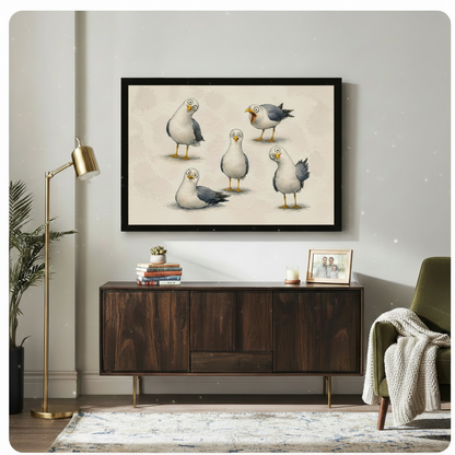 Black-framed cartoon seagull art print hung above a mid-century walnut sideboard in a light-filled living room, depicting five whimsical seagulls in playful poses