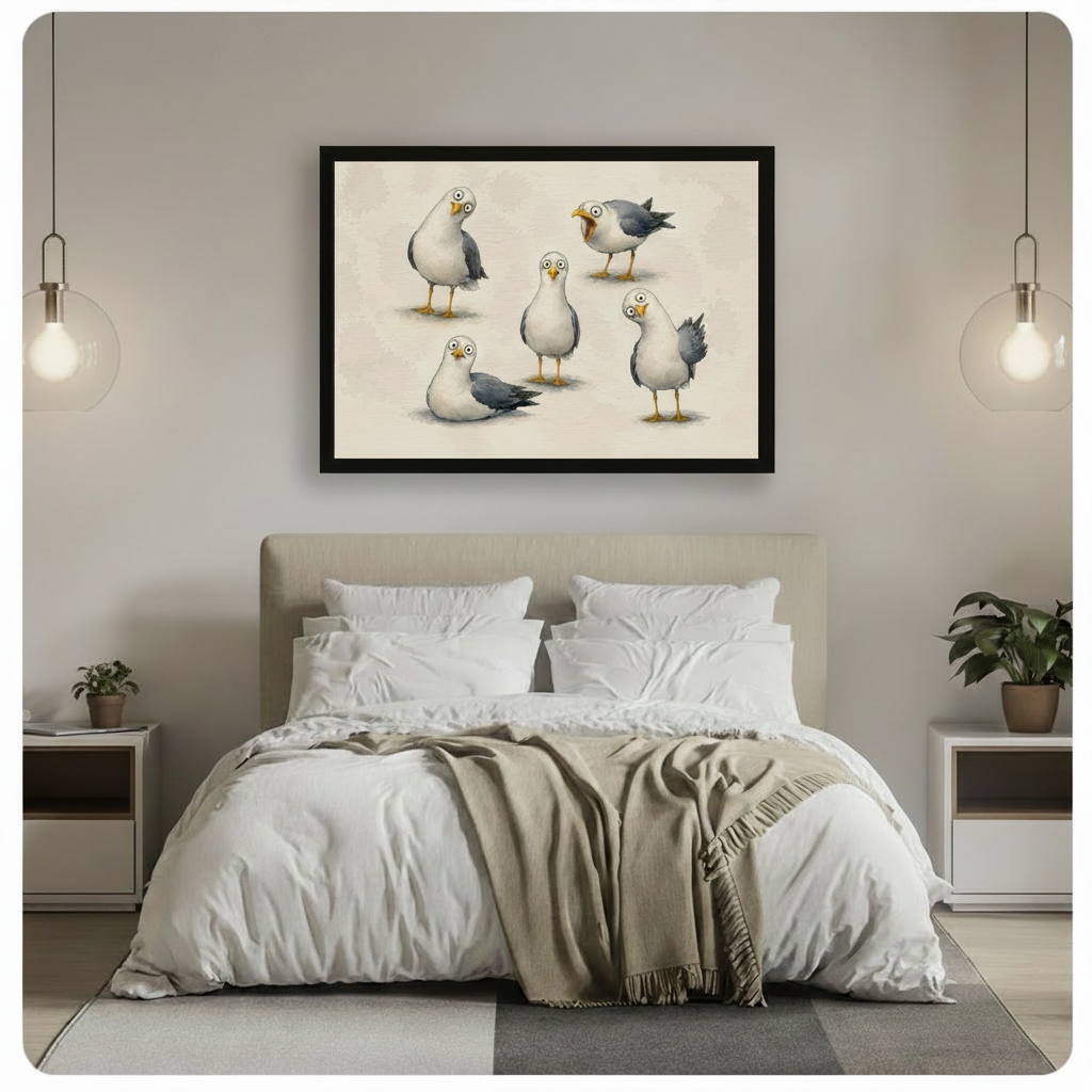 Framed funny seagull wall art hung above a white linen bed in a bright Scandinavian-style bedroom, featuring five cartoon seagulls with big expressive eyes
