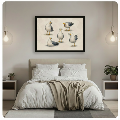 Framed funny seagull wall art hung above a white linen bed in a bright Scandinavian-style bedroom, featuring five cartoon seagulls with big expressive eyes
