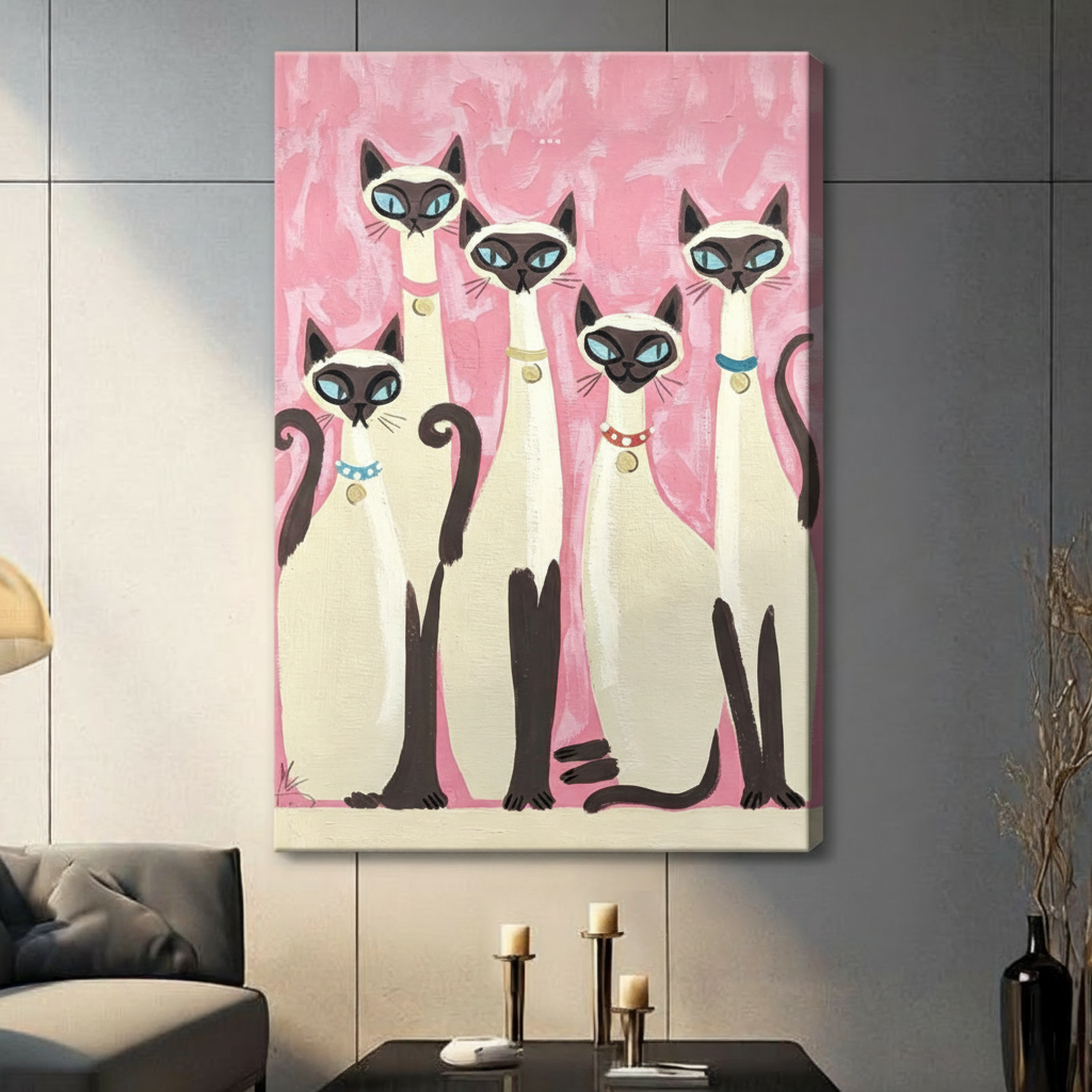 Retro folk art painting of five Siamese cats with blue eyes and colorful collars grouped together on a pink brushstroke background cat wall art stretched canvas in living room with dark gray panel wall and dark sofa