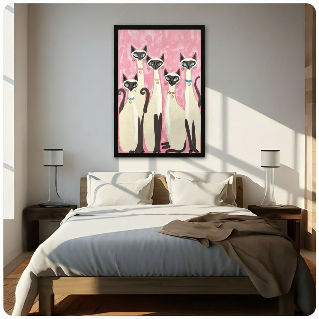 Retro folk art painting of five Siamese cats with blue eyes and colorful collars grouped together on a pink brushstroke background cat wall art framed print above bedroom with white bedding and dark wood bedside tables