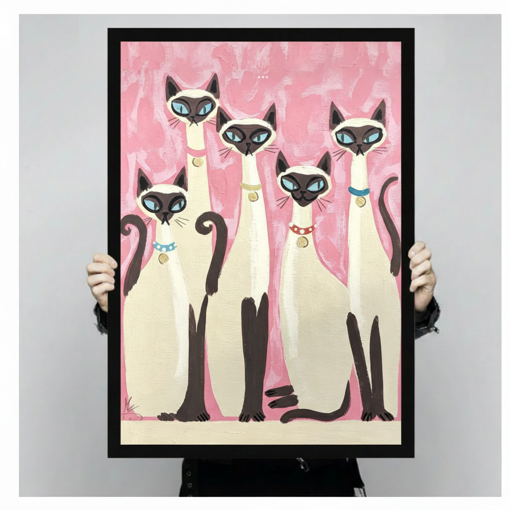Retro folk art painting of five Siamese cats with blue eyes and colorful collars grouped together on a pink brushstroke background cat wall art framed print held against light gray background