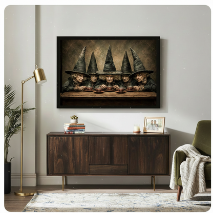 Dark gothic canvas print of five witches at a tea table displayed above wooden sideboard, moody Halloween wall art for living room