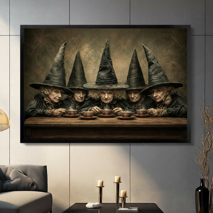 Five witches in pointed hats drinking tea framed canvas wall art, dark gothic painting print for living room decor