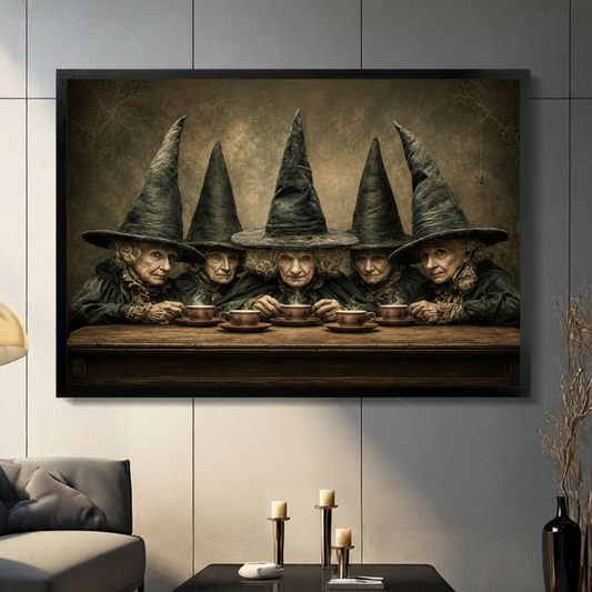 Five witches in pointed hats drinking tea framed canvas wall art, dark gothic painting print for living room decor