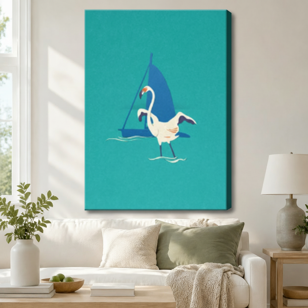 Gallery-wrapped canvas of a white flamingo and blue sailboat minimalist illustration on vibrant teal background hung above a white sofa in a cozy coastal living room
