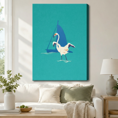 Gallery-wrapped canvas of a white flamingo and blue sailboat minimalist illustration on vibrant teal background hung above a white sofa in a cozy coastal living room
