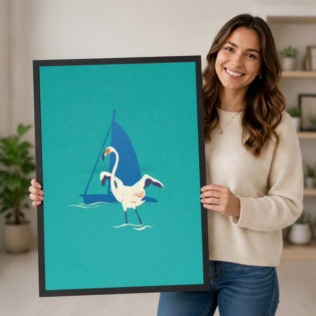 Smiling woman holding a large black-framed white flamingo sailboat minimalist wall art print on teal background showing artwork size and vivid color detail