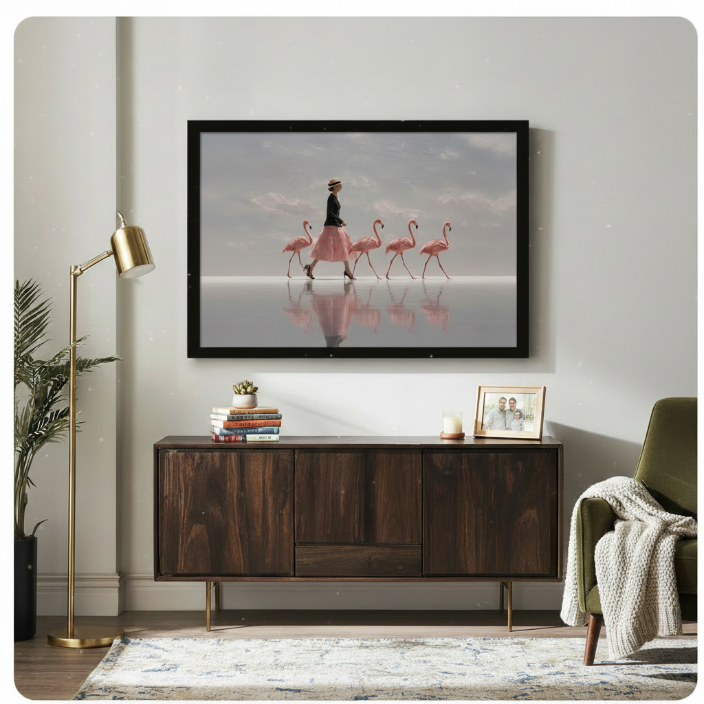 Large framed canvas of a woman in vintage fashion walking alongside pink flamingos on a reflective water surface, styled above a dark wood sideboard in a bright contemporary living room