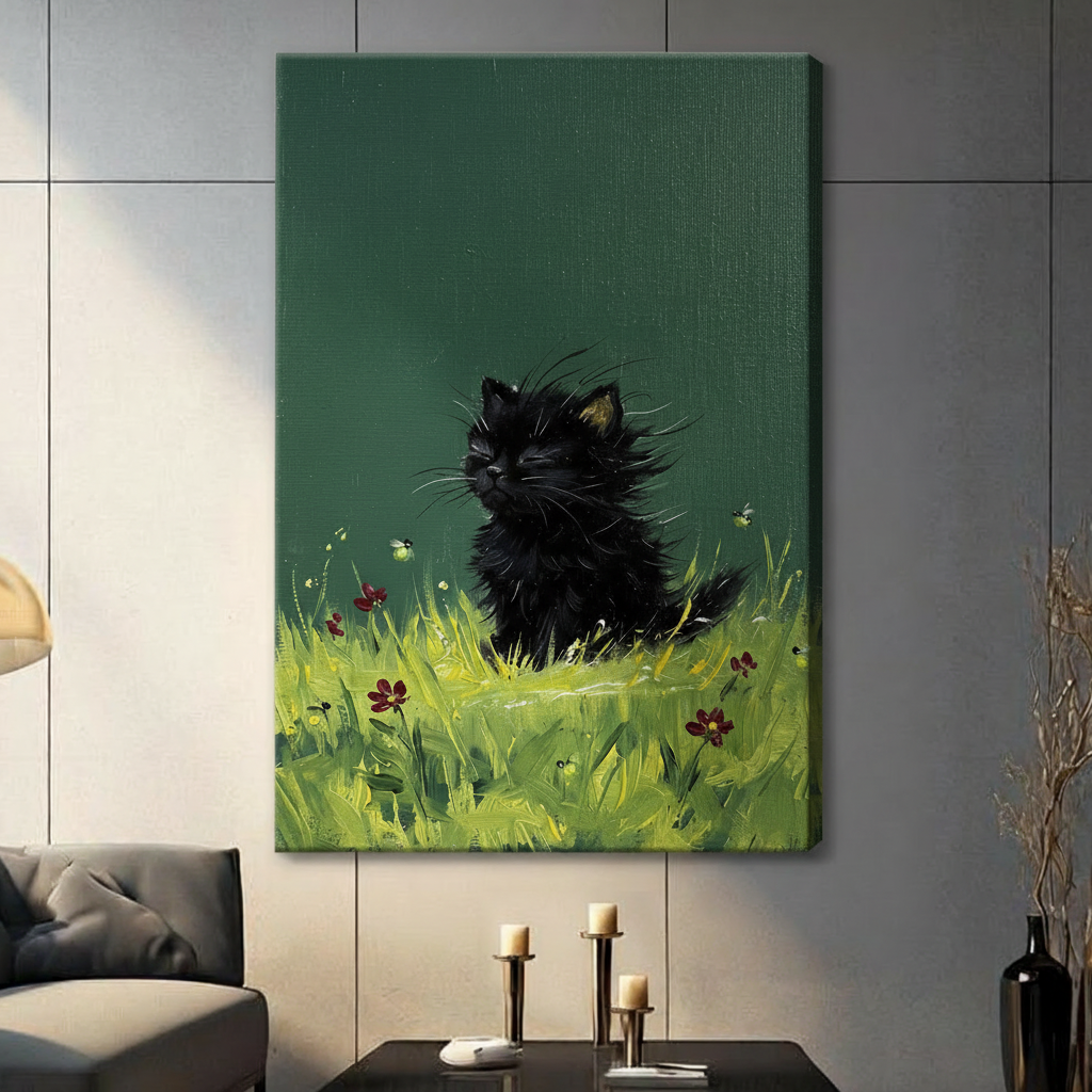 Impasto oil painting of a scruffy black kitten resting in lush yellow-green grass with small red flowers and a deep green textured background black cat meadow wall art stretched canvas in a living room with light gray panel wall dark sofa and black vase