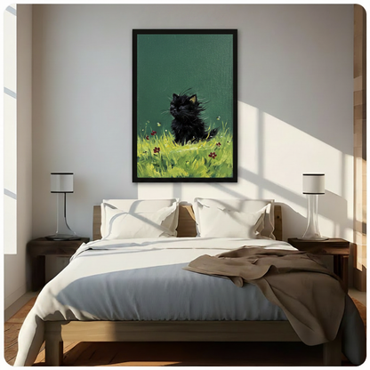Impasto oil painting of a little fluffy black kitten sitting in bright green grass with red wildflowers beneath a deep green sky black cat nature wall art framed print above a bedroom with white linen bedding dark wood bed frame and cylindrical table lamps