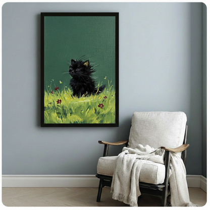Impasto oil painting of a windswept fluffy black kitten sitting in vivid green grass with red wildflowers against a deep forest green background cute black cat wall art framed print beside a white linen armchair on a blue gray wall