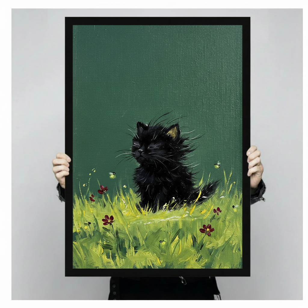 Impasto oil painting of a small fluffy black kitten with wild fur sitting in bright green meadow grass with red flowers against a deep green background black kitten wall art framed print held against a light gray background