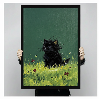 Impasto oil painting of a small fluffy black kitten with wild fur sitting in bright green meadow grass with red flowers against a deep green background black kitten wall art framed print held against a light gray background