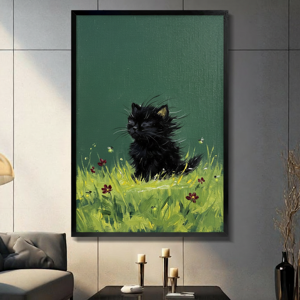 Impasto oil painting of a fluffy black kitten sitting in bright green grass with red wildflowers against a deep green background black cat nature wall art framed print in a living room with light gray panel wall dark sofa and black vase