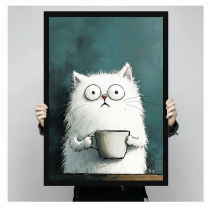 Person holding a large black framed fluffy white cat coffee mug art print showing print size scale and illustrated teal background detail
