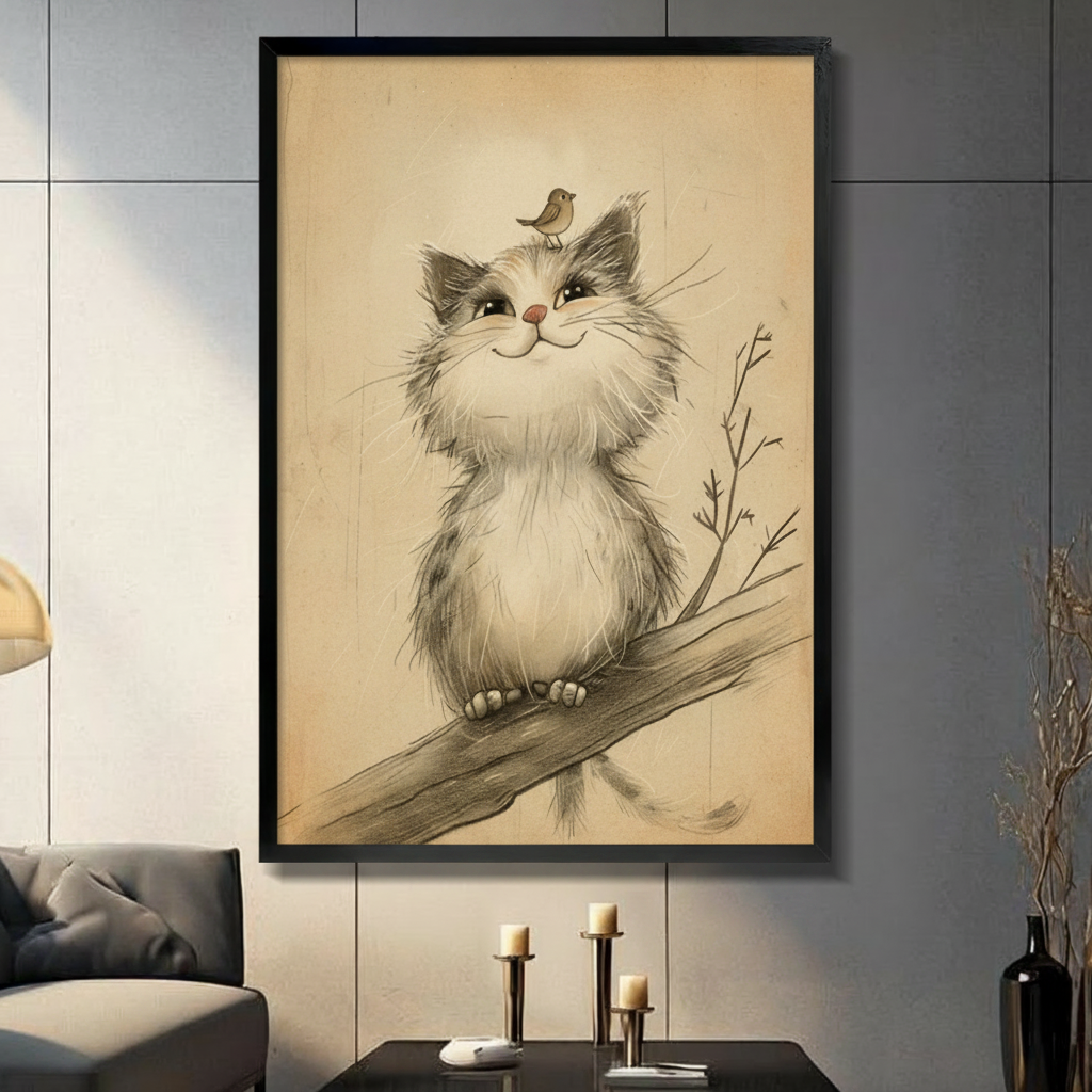 Fluffy grey and white cat sitting on tree branch with small bird on head vintage pencil sketch in black frame on dark grey panel wall – aged parchment background cat canvas wall art for living room