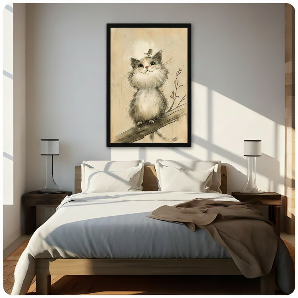 Framed fluffy grey white cat sitting on tree branch with bird perched on head vintage pencil sketch above wooden bed in sunlit bedroom – parchment background cat canvas wall art for bedroom decor