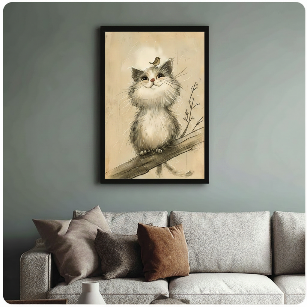 Framed fluffy grey white cat sitting on branch with small bird on head vintage pencil sketch above cream textured sofa on sage green wall – parchment background cat and bird canvas wall art for living room decor