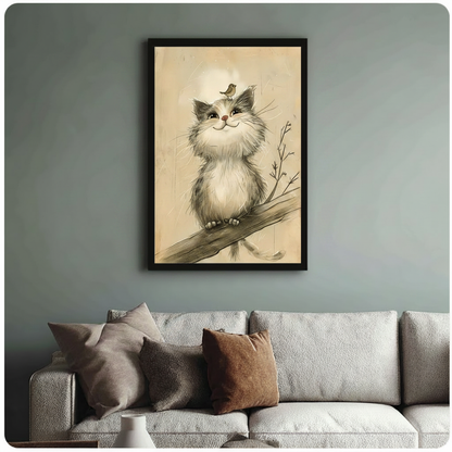 Framed fluffy grey white cat sitting on branch with small bird on head vintage pencil sketch above cream textured sofa on sage green wall – parchment background cat and bird canvas wall art for living room decor