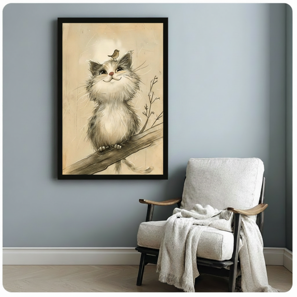 Fluffy smiling cat on tree branch with bird framed vintage pencil sketch beside white linen armchair on blue grey wall – aged parchment background cat canvas art for reading corner